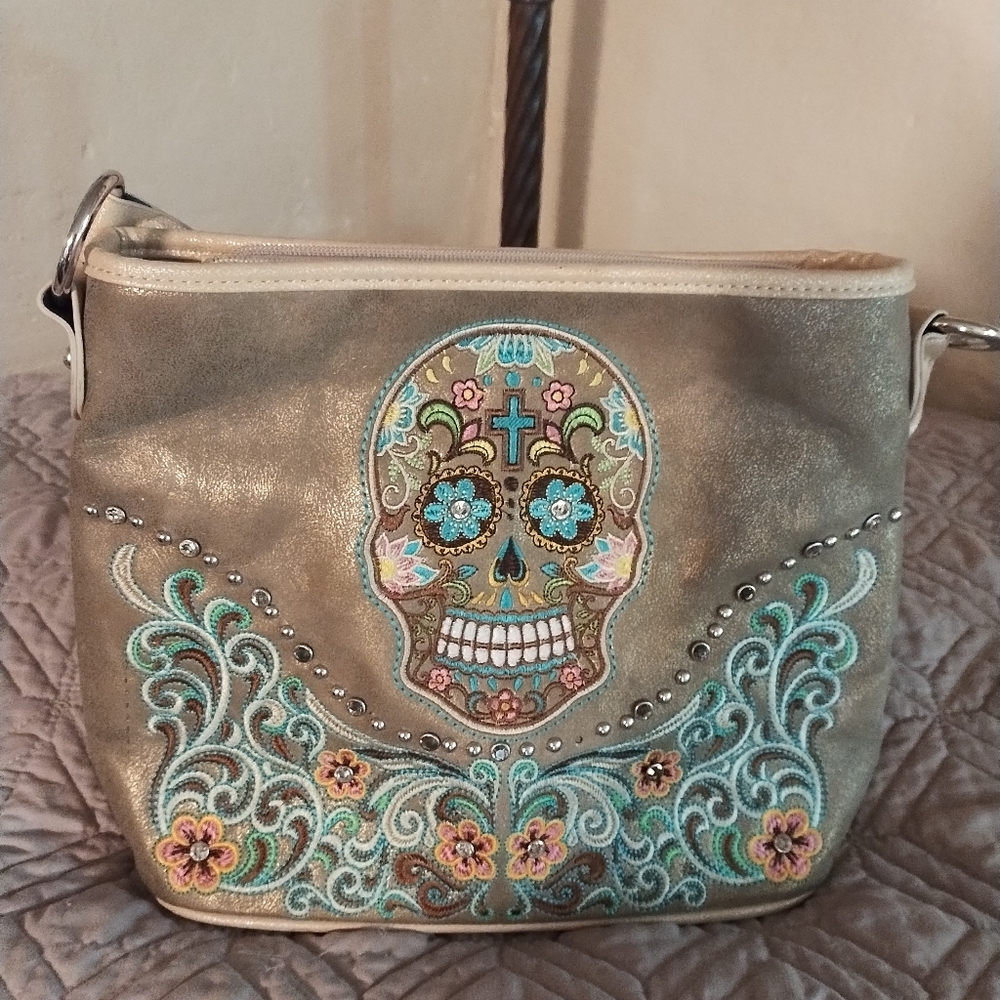Pyramid Collection Metallic Gold Shoulder Bag Turquoise Floral Skull Whimsygoth